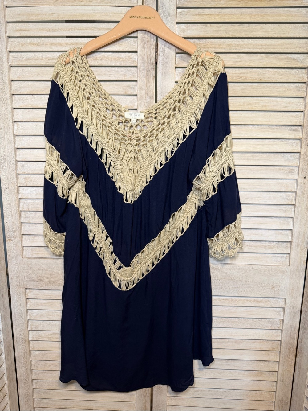 Umgee Navy Tunic with Cream Crochet Trim Tunic Coverup Dress